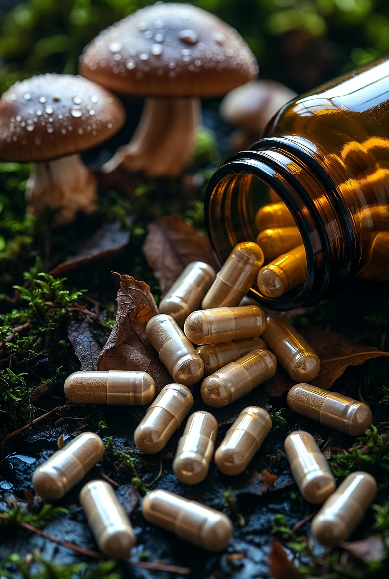 Ancient Myco mushroom capsules from amber glass bottle